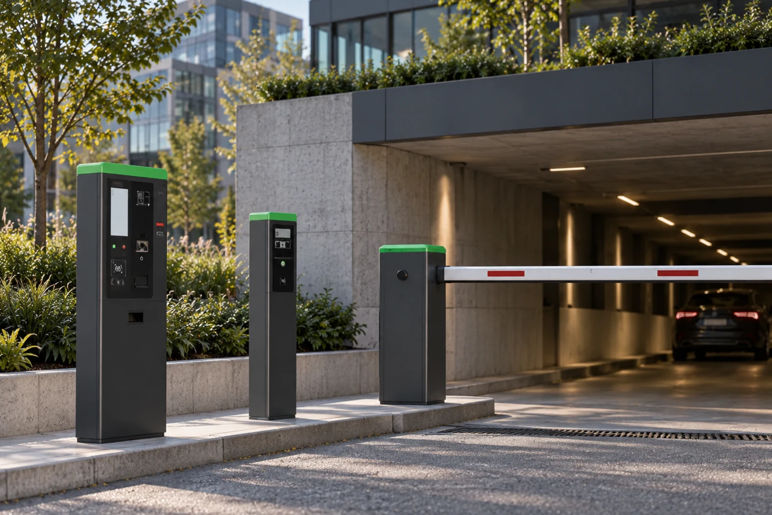 Automated pay station, access terminal and barrier at a parking entrance