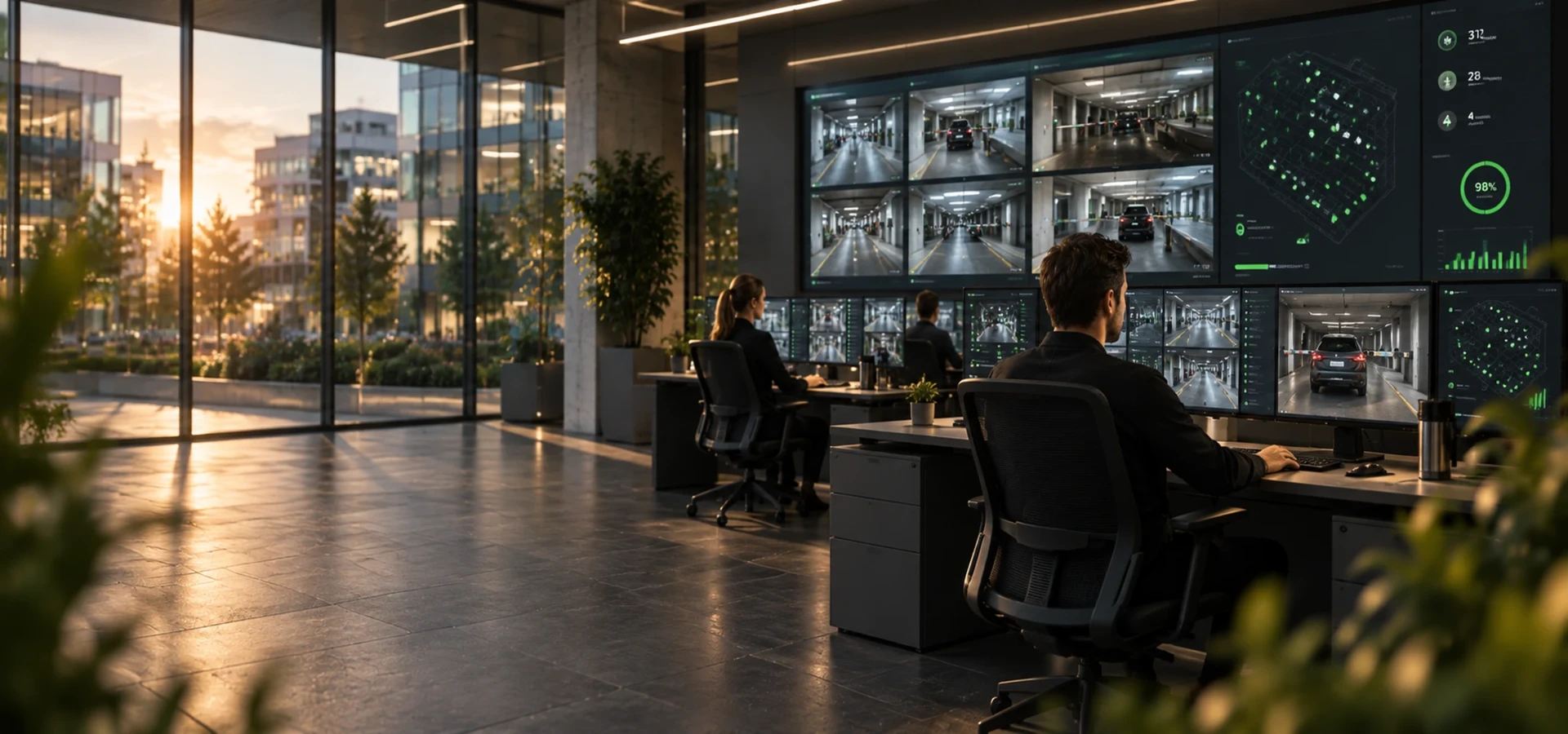 Parking operations specialists monitoring connected parking facilities