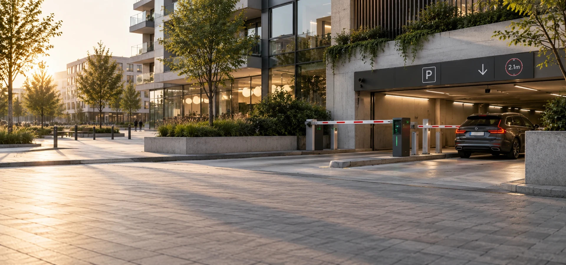 Integrated parking access system at a modern European development