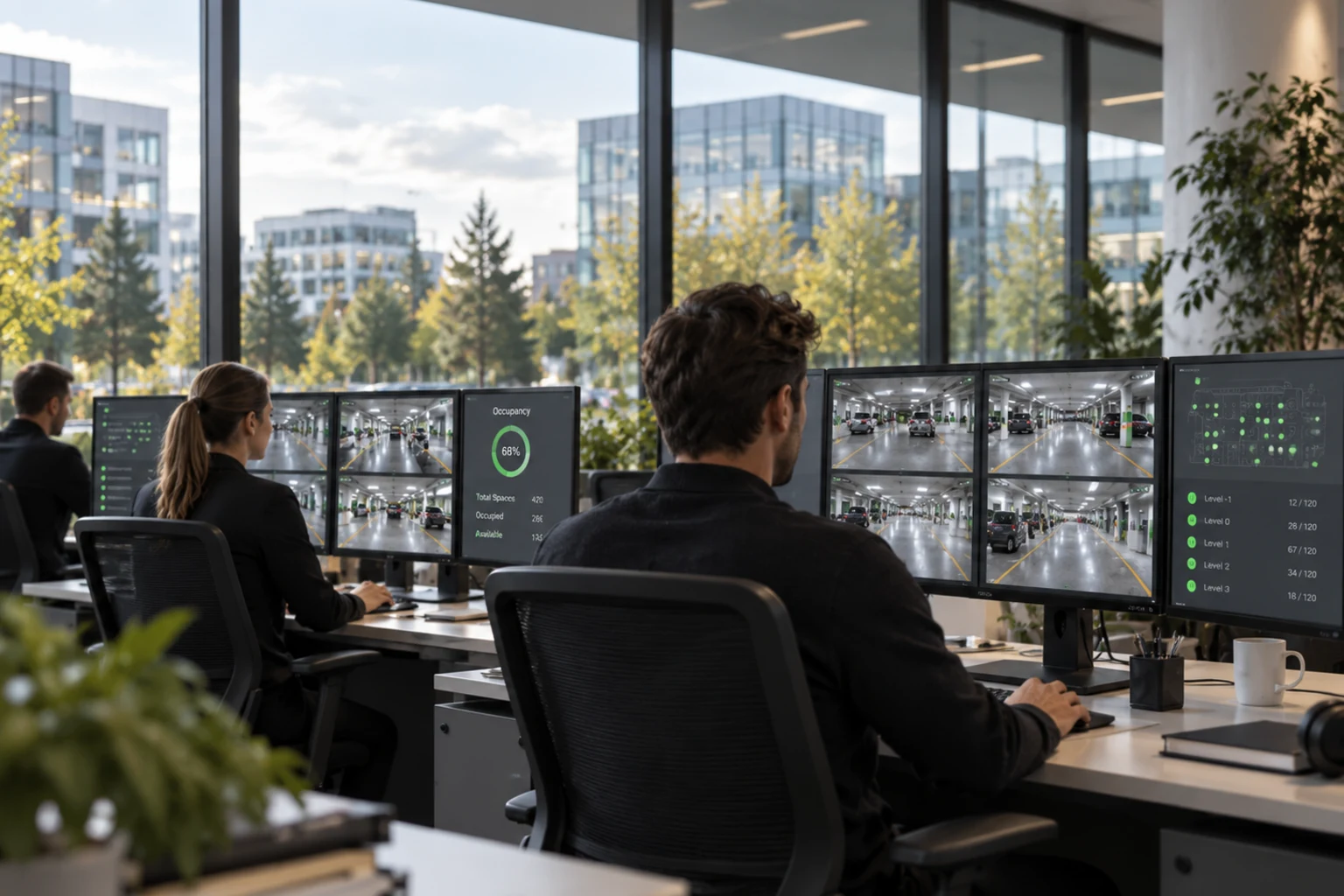 Parking operations specialists monitoring connected parking facilities